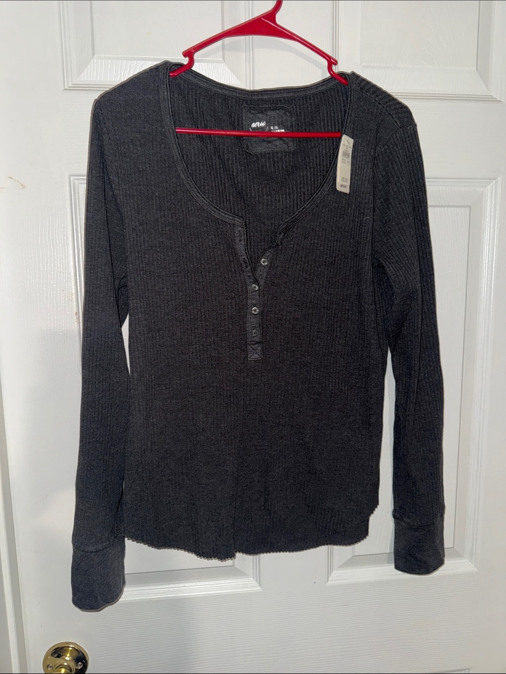 aerie Charcoal Ribbed Henley Long Sleeve Top